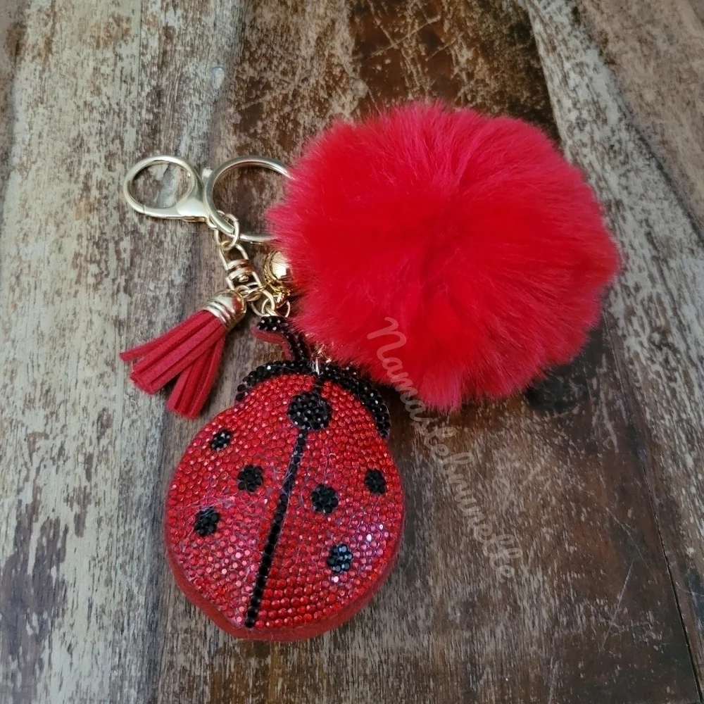 Rhinestone Ladybug Pom Pom Tassel Keychain/Bag Charm